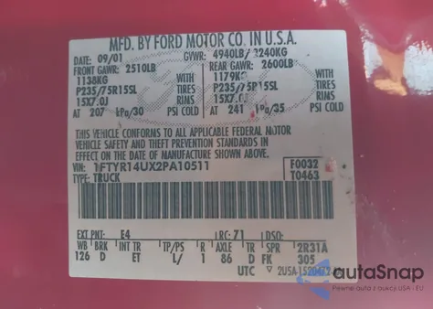 2002 Ford Ranger Edge/Tremor/Xl/Xlt z USA, uszkodzony, nr VIN 1FTYR14UX2PA10511